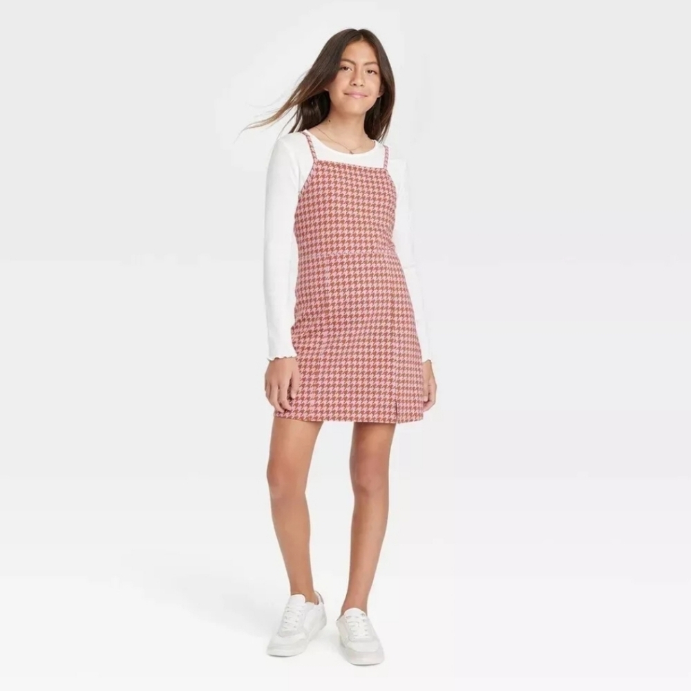 Art Class Girls XL 14/16 Houndstooth Pink-Brown 2-Piece Top & Dress Set